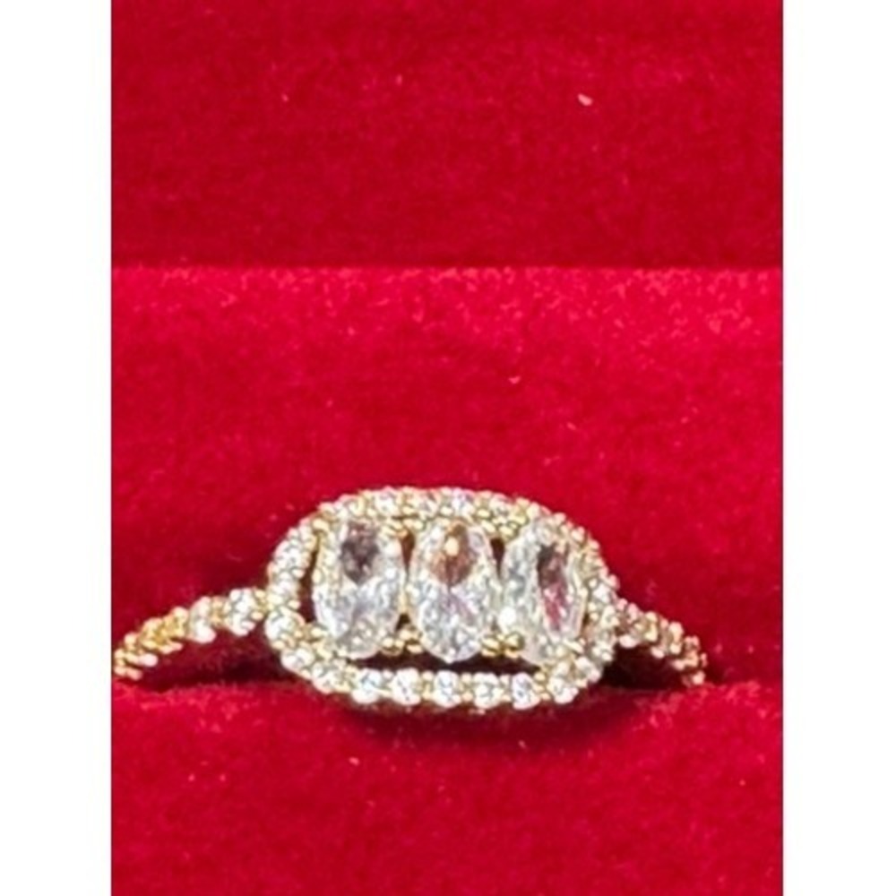 Gold Tone Three Stone Oval Crystal Halo Pavé Band Cocktail Ring Size 6